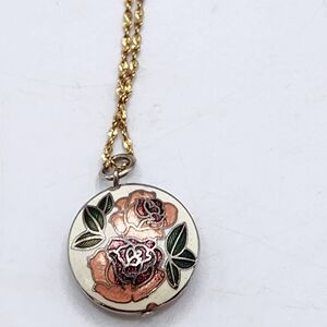 Cloisonné Pendant Necklace Flower Roses Pink Vintage Gold tone Monet Chain 19.5"